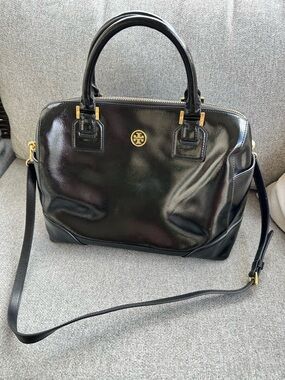 Tory Burch Shiny Black Patent Leather LARGE Satchel Gold Logo  13"L X 9"H X 7"D